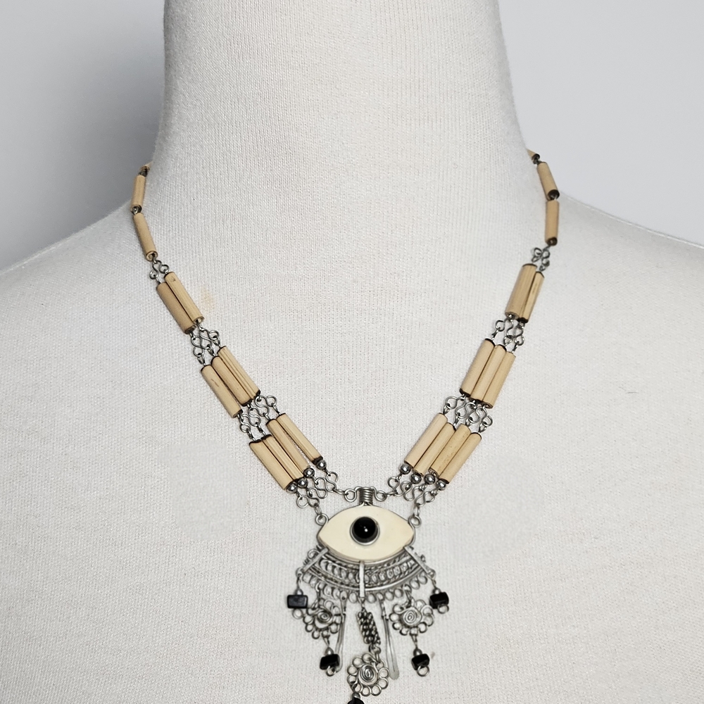 Vintage Tribal Silver and Cream Eye Pendant Necklace
